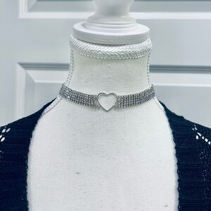 Women’s Elegant Rhinestone Open Hollow Heart 5 Row Silver Adjustable Choker